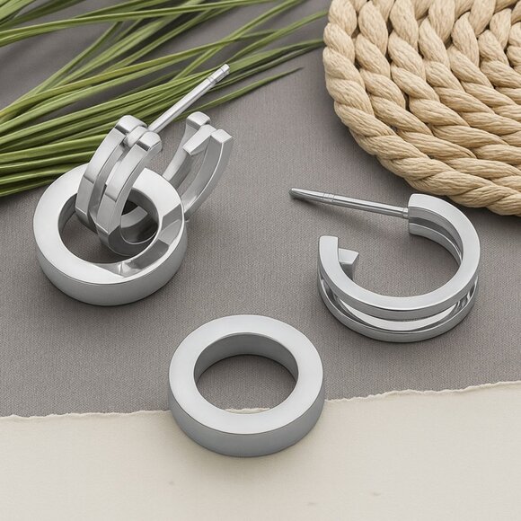 🆕 Minimalist Double Hoop Earrings 18K White Gold Plated 316L Stainless Steel - Picture 5 of 11